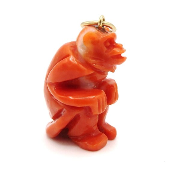 Vintage 14K Gold Carved Coral Grotesque Demon Amulet Charm Pendant 1930s - Picture 3 of 10